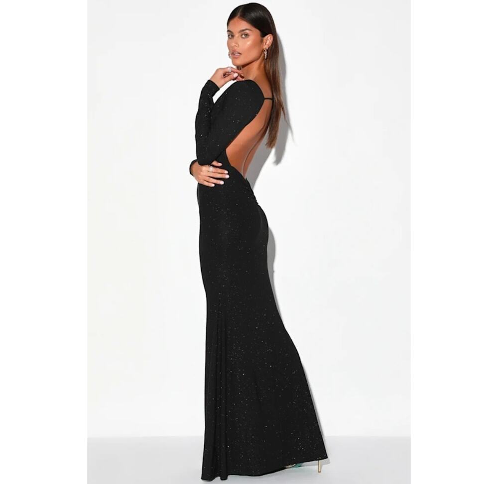 NWT Lulus Glamorous in Glitter Black Long Sleeve Backless Maxi Dress Gala Sz XS